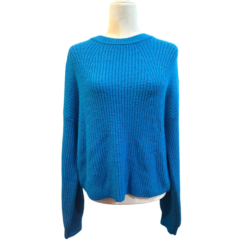 Blue Knit Sweater Ribbed Crew Neck Long‎ Sleeve Cozy Casual Pullover